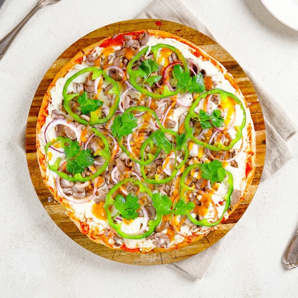 Avatara Pizza Guru Pizza - butter chicken sauce, mango chutney drizzle, organic toppings, gluten-free Calgary